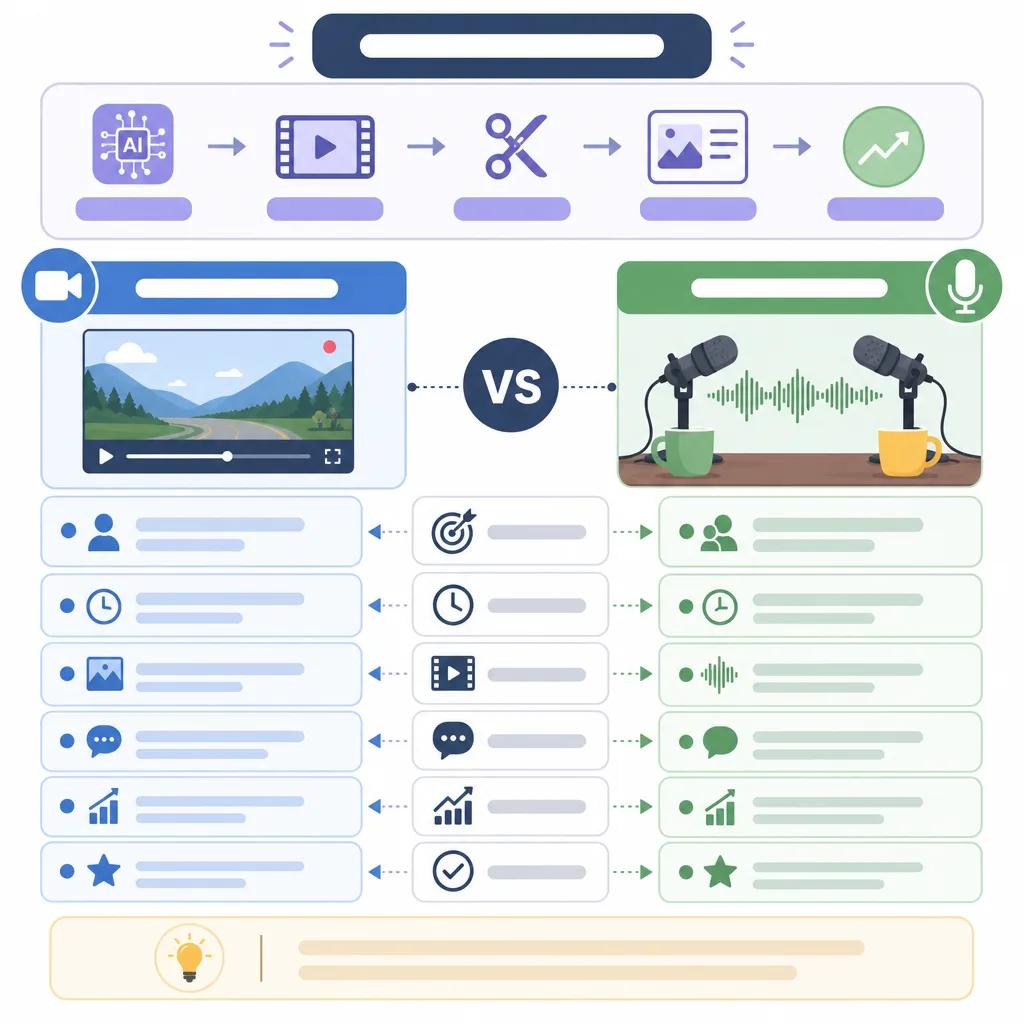 Diagram explaining ai video comparison vlog vs podcast clips